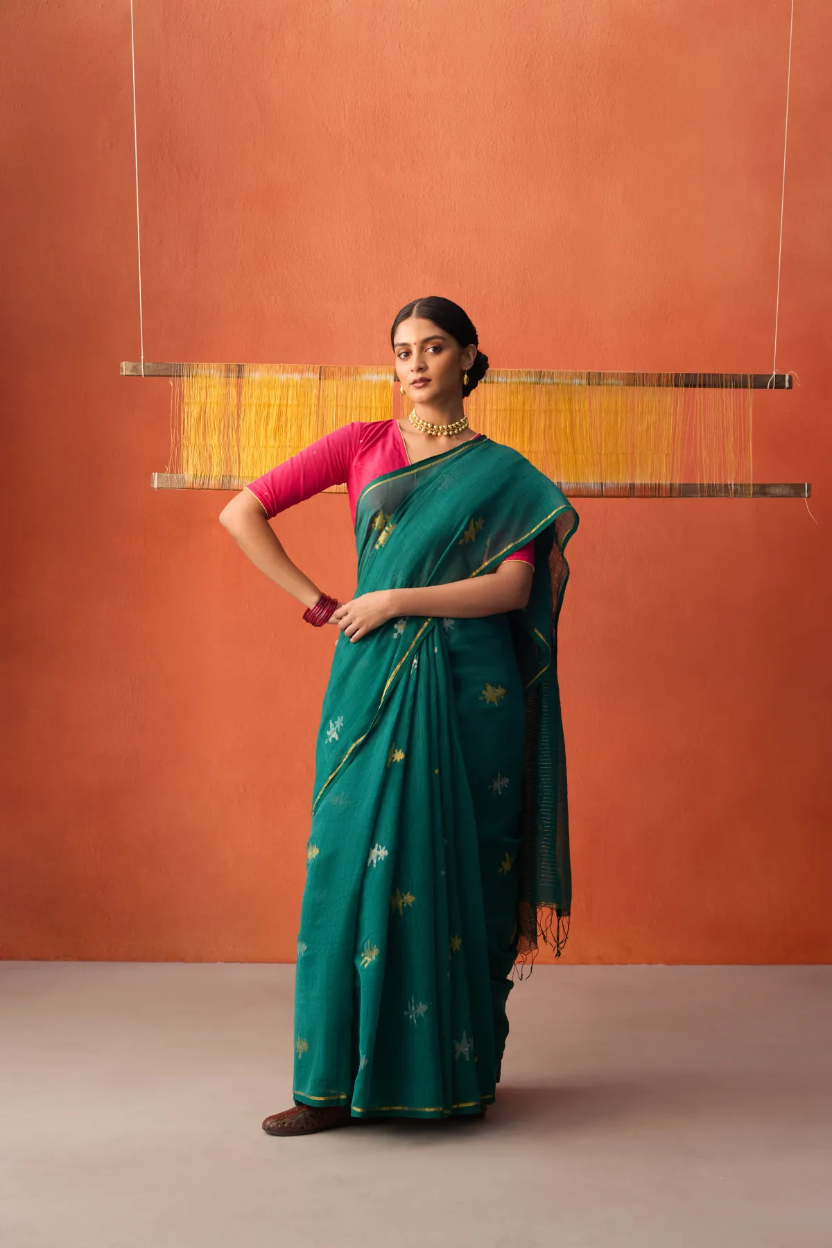 Vriksha, a jewel-green Khadi silk Jamdani saree